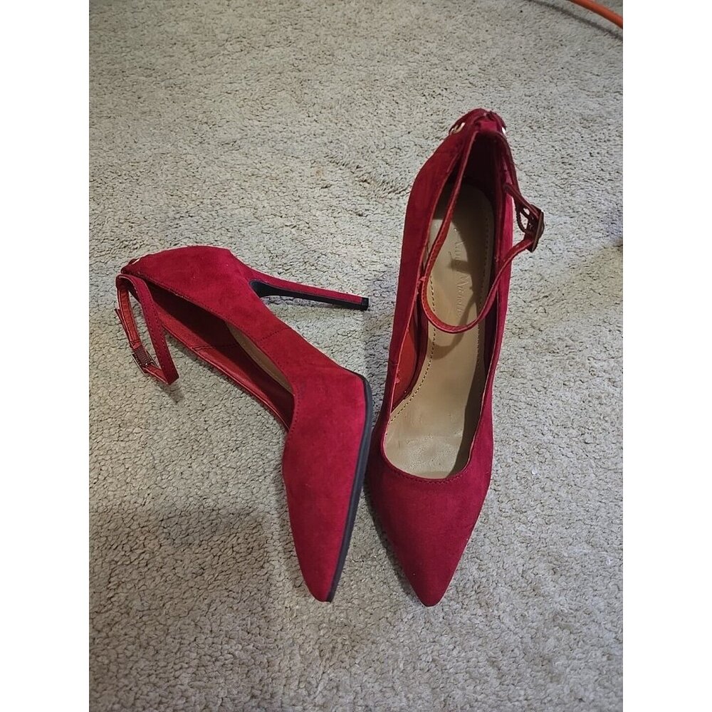 anne michelle heels Red Velvet Ankle Strap Pointed Toe. Size 6